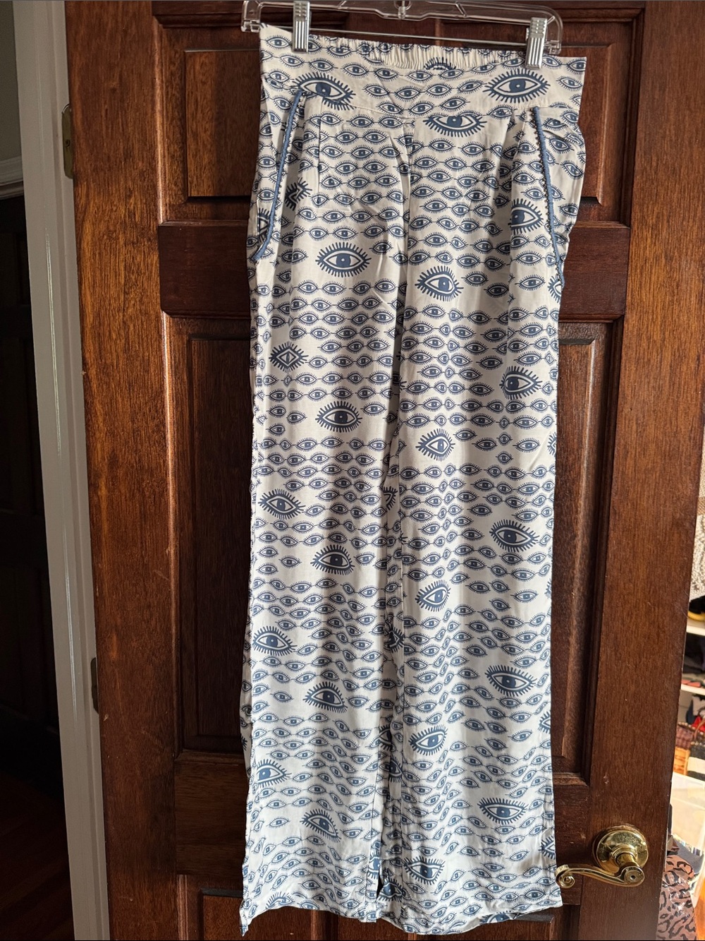 Blue and White Evil Eye-Print Wide-Leg pants